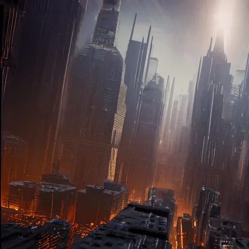 Image similar to detailed art of a metropolis with the citizens looking upward in fear, darkness, Stunning volumetric light, sunset, concrete and translucent material, beautiful sky with a beautiful skyline, trending on Artstation, 8k, photorealistic, hyper detailed, unreal engine 5, IMAX quality, Greg rutkowski, cinematic, epic lighting,