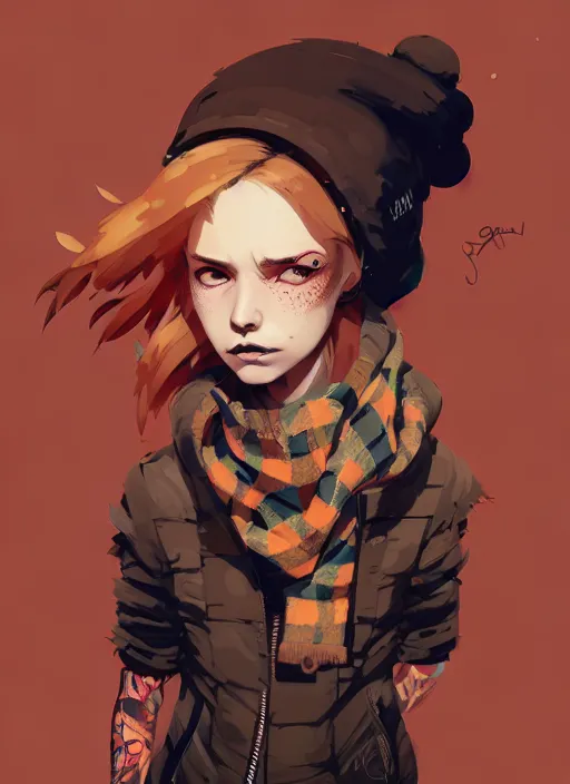 Image similar to highly detailed portrait of a sewer punk lady student, beanie, tartan scarf, wavy blonde hair by atey ghailan, by greg rutkowski, by greg tocchini, by james gilleard, by joe fenton, by kaethe butcher, gradient red, black, brown and cream color scheme, grunge aesthetic!!! graffiti tag wall background