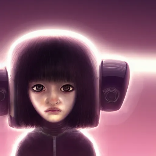 Image similar to little alien girl with big sad black eyes and dark hair, bangs cover half of her face, sci - fi, 3 d, photorealistic, ultra - details