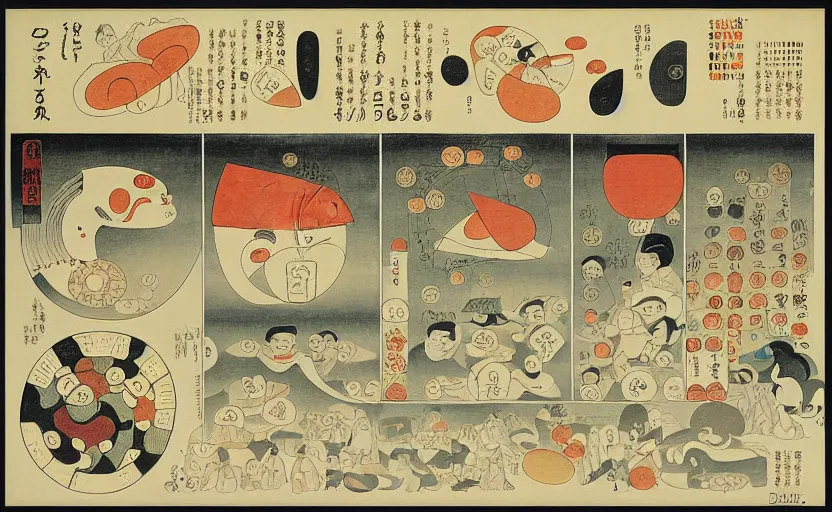 Image similar to business dashboard with time series charts, pie plots and other modern graphics, with small creatures with many eyes. diego rivera ( with slight ukiyo - e influence ). ravi supa.