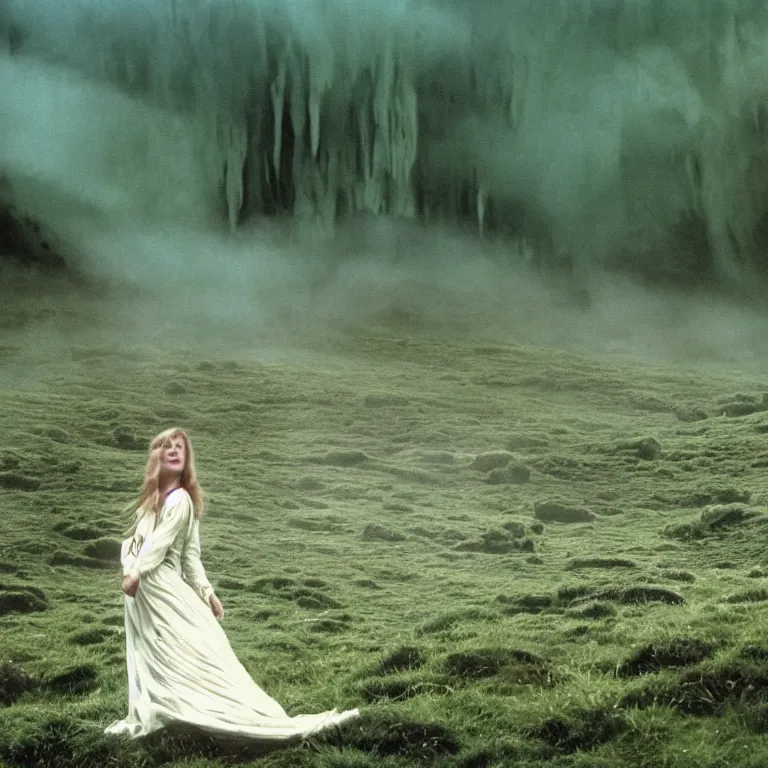 Prompt: moody 1 9 7 0's artistic technicolor spaghetti western film, a large huge group of women in a giant billowing wide long flowing waving shining bright white dresses made of white smoke, standing inside a green mossy irish rocky scenic landscape, volumetric lighting, backlit, moody, atmospheric, fog, extremely windy, soft focus