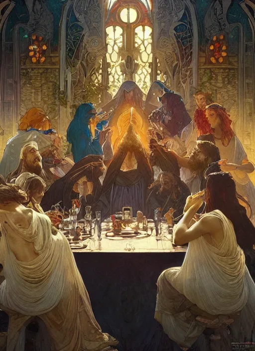 Prompt: the last supper beautiful painting by arthur addams and greg rutkowski and alphonse mucha, highly detailed, illustration, epic, fantasy, intricate, hyper detailed, artstation, concept art, smooth, sharp focus, ray tracing