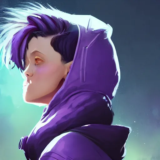 Image similar to a pale skinny young girl with purple hair, 1 8, in a black hoodie, and a cat, apex legends character, digital illustration portrait design, by android jones and greg rutkowski, retrowave color scheme, detailed, cinematic lighting, wide angle action dynamic portrait