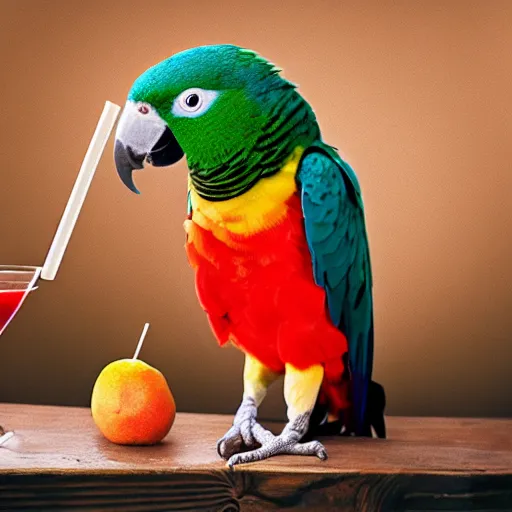 Prompt: A portrait photo of a parrot sipping a fruity drink through a straw, real photo , 8k