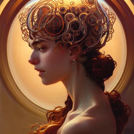 Image similar to Portrait of a girl surrounded by floating orbs, face, fantasy, intricate, elegant, highly detailed, digital painting, artstation, concept art, smooth, sharp focus, illustration, art by Hajime Sorayama and Fernanda Suarez and Artem Demura and alphonse mucha