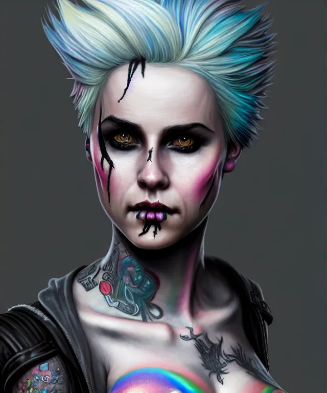 Image similar to ciri dressed as a punk, side buzzed, rainbow hair, tattoos, face piercings, beautiful, highly detailed face, true anatomy!, extremely detailed!, digital painting, unreal engine 5, art by tom bagshaw