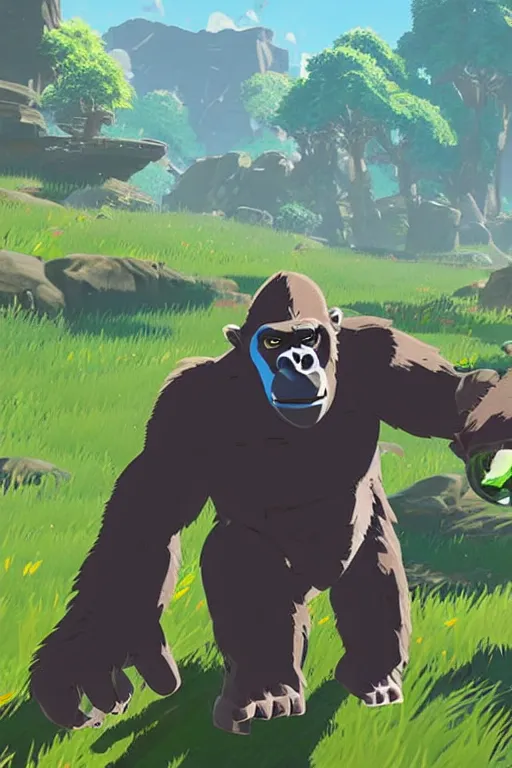 Image similar to an in game footage of a gorilla from the legend of zelda breath of the wild, breath of the wild art style.