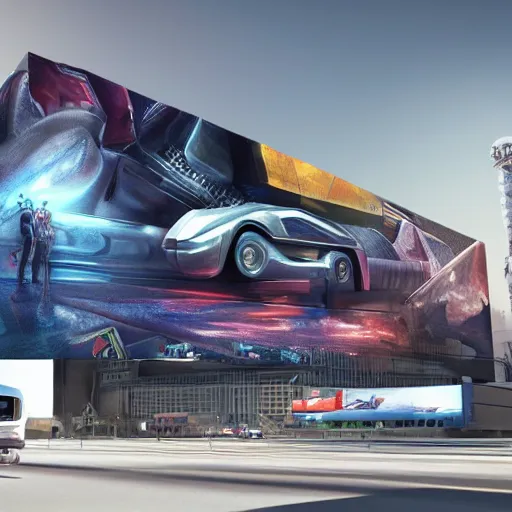 Image similar to sci-fi cars trucks motorcycles 50% of canvas in center and wall near structure on the coronation of napoleon painting and digital billboard in the middle and everything in style of zaha hadid and suprematism forms unreal engine 5 keyshot octane artstation trending bladerunner 2049 colors lighting ultra high detail ultra photo realistic 8k 16k in plastic dark tilt shift