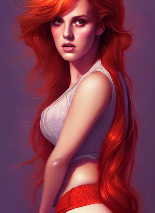 Prompt: full body portrait of teenage cheryl blossom, bangs, green eyes, mischievous expression, red hair, sultry smirk, bangs and wavy hair, intricate, elegant, glowing lights, highly detailed, digital painting, artstation, concept art, smooth, sharp focus, illustration, art by wlop, mars ravelo and greg rutkowski