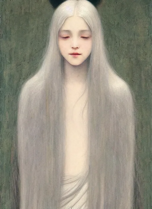 Image similar to thin young wan beautiful angel, silver hair so long, pale!, long silver hair, silver angel wings, smooth skin, wan adorable korean face, silver hair!!, style of fernand khnopff and lucien levy - dhurmer, oil on canvas, 1 8 6 2, 4 k resolution, aesthetic! beautiful!,