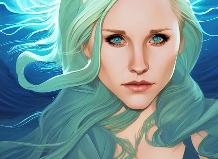 Image similar to style artgerm, joshua middleton, beautiful kristen bell with green dress, very long blue hair, symmetrical face, symmetrical eyes, water powers water swirling, detailed, beach setting, cinematic lighting