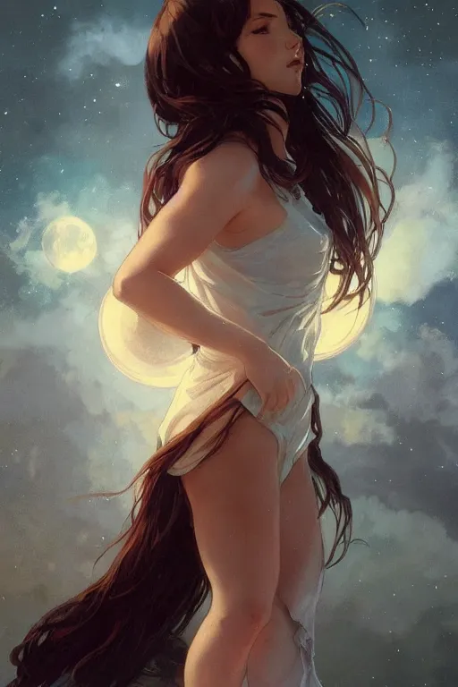 Prompt: fantasy, beautiful leg, long hair, girl, portrait, cloud sky and moon night background, high detail, cinematic lighting, concept art, digital art, illustration, smooth, sharp focus, greg rutkowski, alphonse mucha, loish, wlop, trending on artstation, trending on deviantart