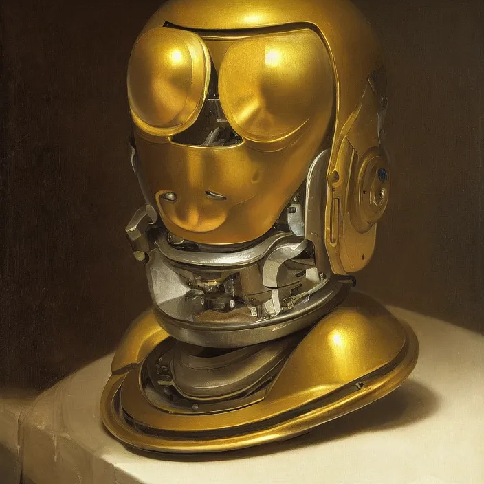 Image similar to still life painting of a robot head by pieter claesz, oil on canvas, strong lighting, highly detailed, hyper realism, golden hour, god rays, hd, 4 k