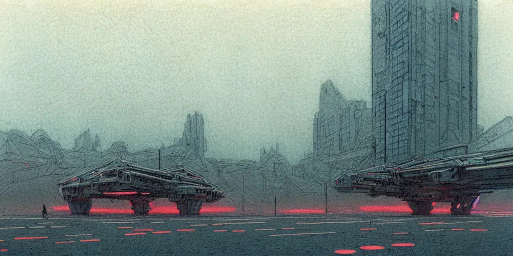 Image similar to grainy risograph matte painting of gigantic huge mech covered with wounds,, pastel matte colors, staying in the foggy huge parking station, by moebius, hyperrealism, intricate detailed