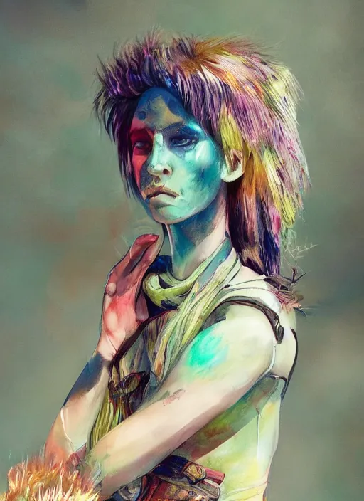 Image similar to full body concept art illustration colorful pastel painting of a female mad max in full intricate colorful clothing, beautiful face, ultra detailed, octane render, 4K, dystopian, micro details