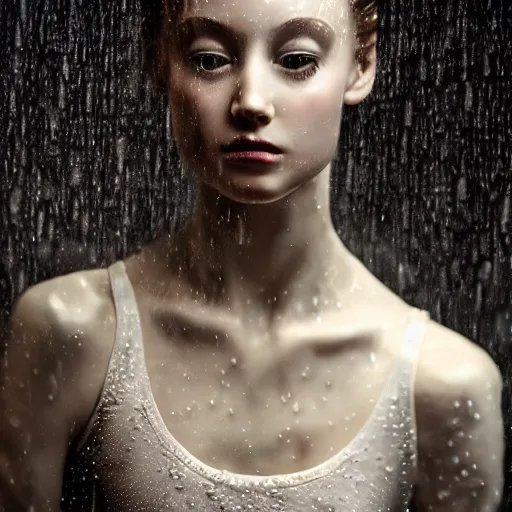 Prompt: portrait of a ballerina with a beautiful porcelain face, rain, cinematic light and reflections, beautiful dreamy lighting, photographed by annie leibovitz, zbrush,