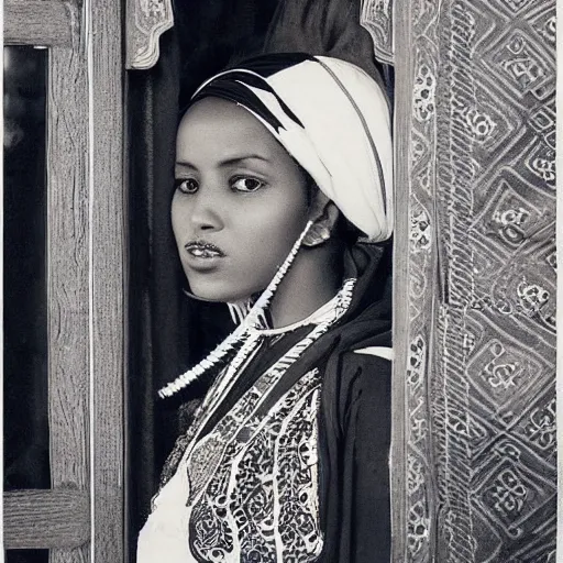 Prompt: somali woman, somali traditional dress & attire, vintage, intricate, dreamy, studio ghibli
