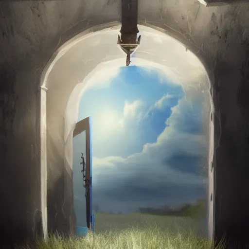 Prompt: dark door open mid air air, the portal is black, a blue clear sky in the background full of puffy clouds, behind the door, grass below, matte painting, artstation trending