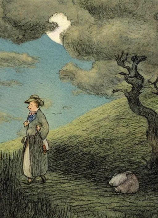 Image similar to transitioning from day to night, surrounded by light clouds, landscape, illustrated by peggy fortnum and beatrix potter and sir john tenniel