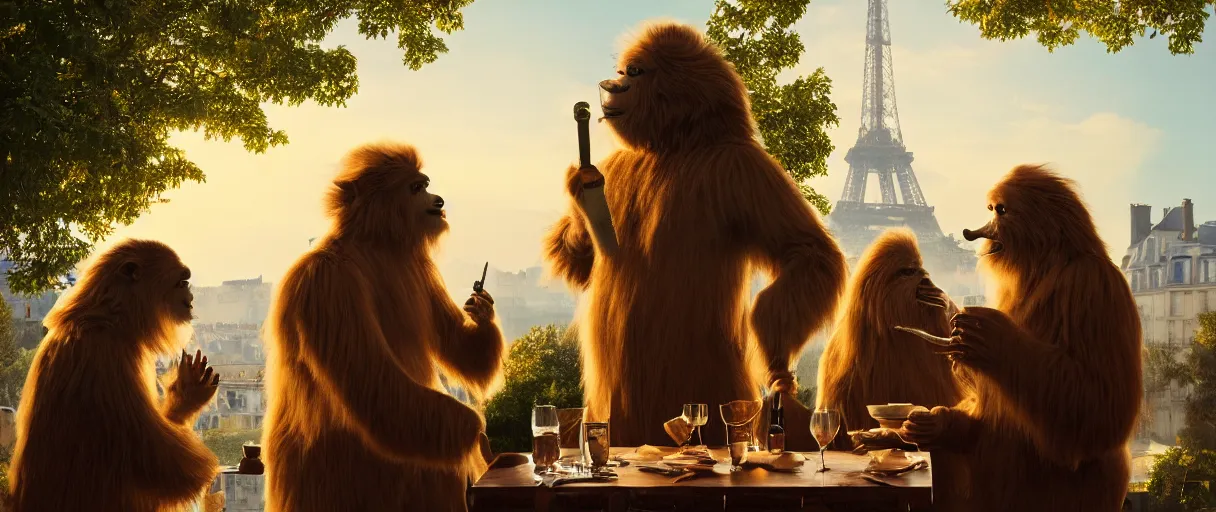 Prompt: accidentally wes anderson award - winning photograph of yeti and bigfoot eating lung outside paris restaurant, accidental renaissance, golden ratio, fibonacci composition, 4 k, detailed, art by greg rutkowsky, trending on artstation, cinematic lighting, filmic grain, golden hour, detailed, 4 k