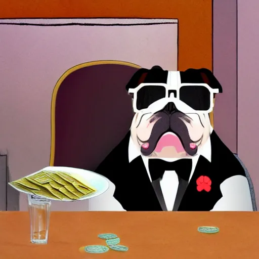 Prompt: english bulldog in tuxedo and glasses at table with pile of money, artstation