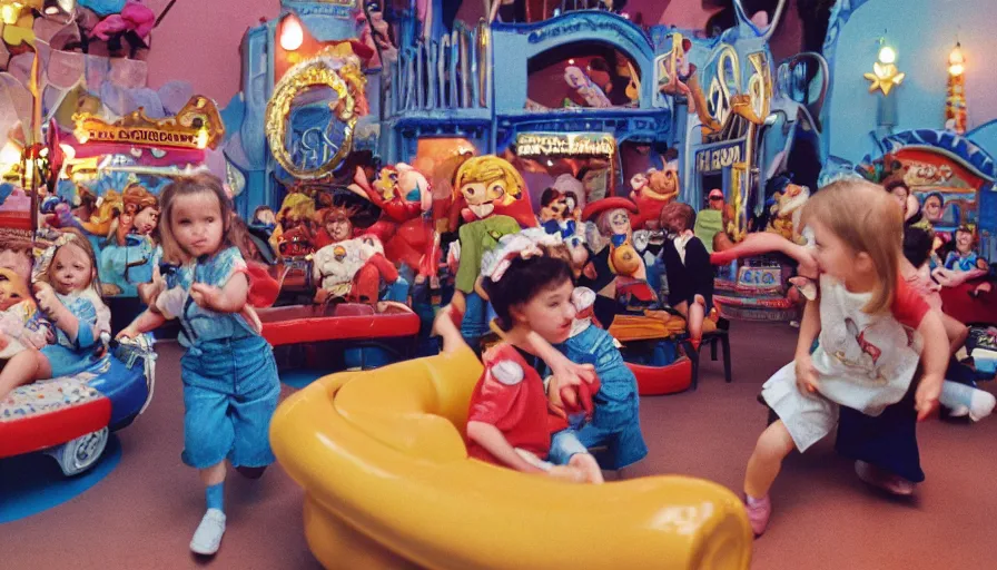 Prompt: 1990s candid 35mm photo of a beautiful day in the living room, cinematic lighting, cinematic look, golden hour, a miniature amusement park in the living room, kids dance and point at the roller coaster in the living room, small mascots run around the room, UHD