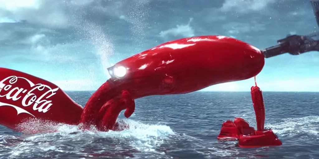 Prompt: coca-cola branded kraken attacking cruiser ship, cinematic shot