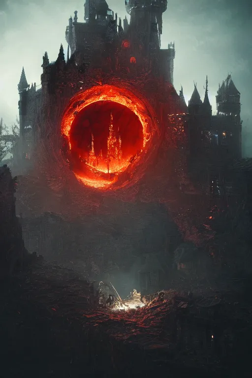 Image similar to a castle burning inside a dragons eye by Greg Rutkowski, Sung Choi, Mitchell Mohrhauser, Maciej Kuciara, Johnson Ting, Maxim Verehin, Peter Konig, Bloodborne, macro lens, 35mm, 8k photorealistic, cinematic lighting, HD, high details, atmospheric,