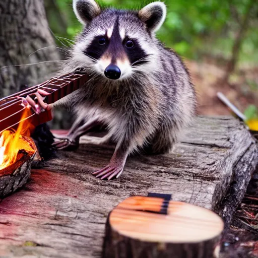 Prompt: an 8k photo raccoon playing a wooden ukulele by a campfire, dark forest in the background