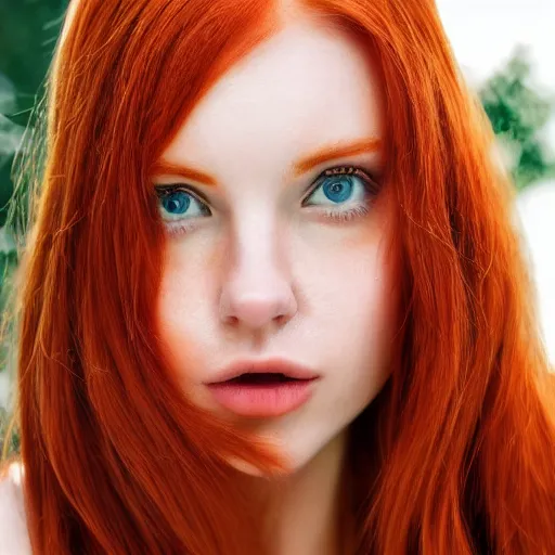 Image similar to highly detailed picture of a beautiful redhead woman, perfectly symmetrical face, sharp focus