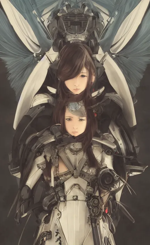 Image similar to mechanized valkyrie, anime style, videogame character design, vintage clothing, spread wings, long hair, hair down, symmetrical facial features, from arknights, hyper realistic, 4 k, rule of thirds, extreme detail, detailed drawing, safebooru, hd, d & d, realistic lighting, by alphonse mucha, greg rutkowski