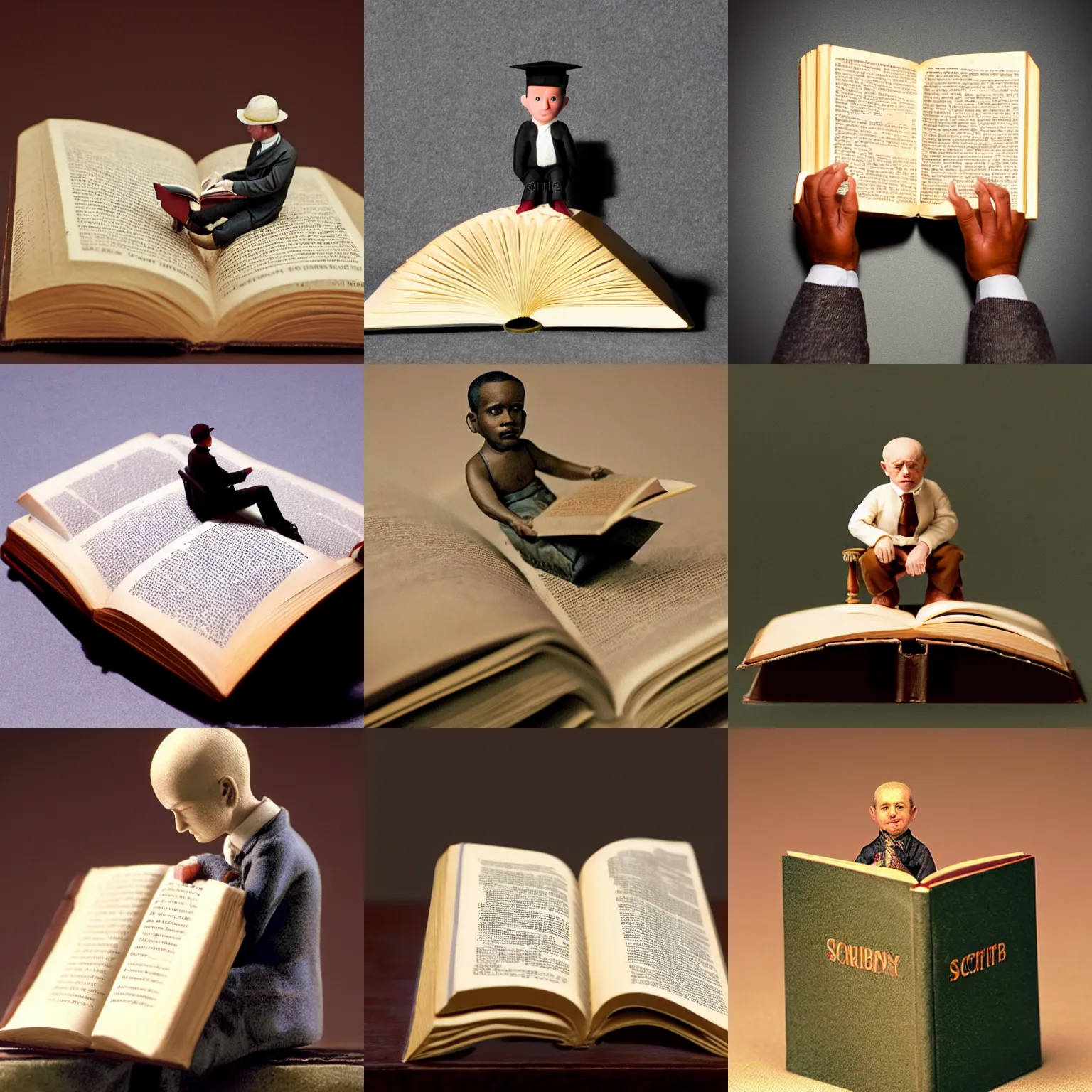 Prompt: a miniature man sitting on top of an open book, a stock photo by william harnett, featured on cg society, academic art, shallow depth of field, depth of field, storybook illustration