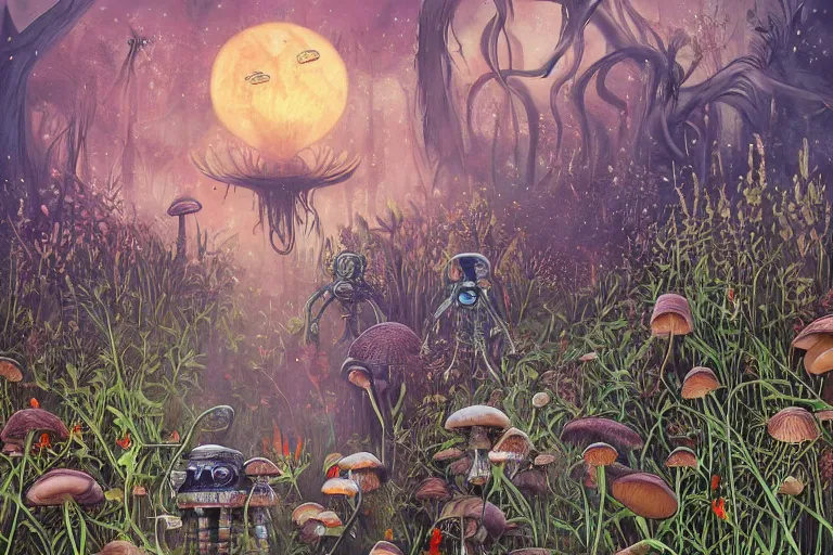 Prompt: surreal painting by chesley bonestelll!!, a lot of jungle wild flowers + poison toxic mushrooms + long grass + broken droid + garden dwarf + mystic fog + glowing fireflies, 7 0's vintage sci - fi style, rule of third!!!!, line art, 8 k, super detailed, high quality