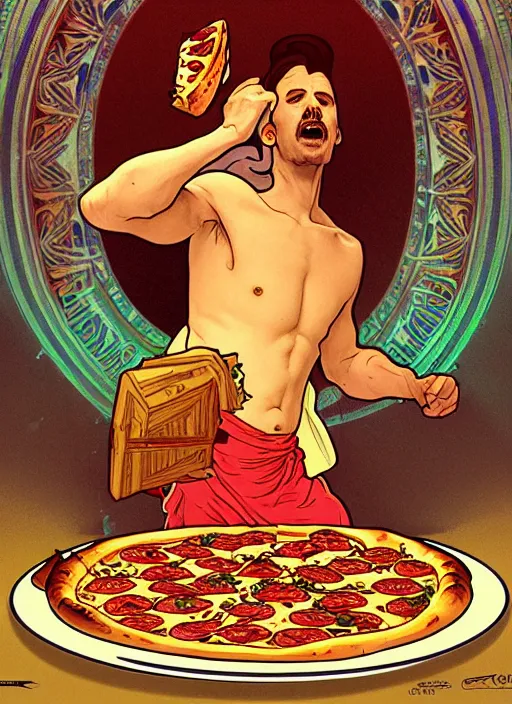 Prompt: unlucky man trips and looks in terror as he drops all the pizza on the floor, the pizza falls to the floor slice by slice, tragedy, intricate, elegant, highly detailed, lighting, painting, artstation, smooth, illustration, art by greg rutowski and alphonse mucha
