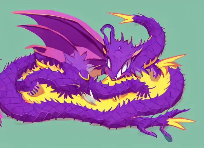 Image similar to A tiny cute purple and gold dragon lays down on its back, cute dragon relaxing, digital art, artstation