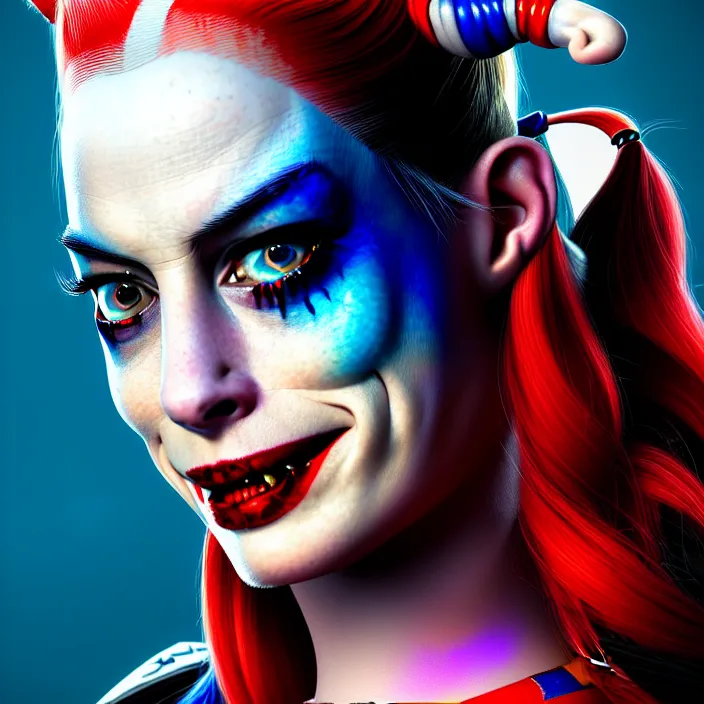 Image similar to portrait of Anne Hathaway as a harley quinn in Suicide Squad. intricate abstract. intricate artwork. by Tooth Wu, wlop, beeple, dan mumford. octane render, trending on artstation, greg rutkowski very coherent symmetrical artwork. cinematic, hyper realism, high detail, octane render, 8k, iridescent accents