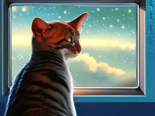 Image similar to cat from behind in space station watching the stars trough a large window, digital painting, dramatic lighting, highly detailed, artstation, concept art