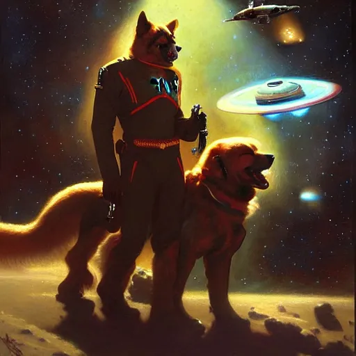 Image similar to a portrait of a manly canine sterfleet officer, star trek the next generation, in front of a console, space battle. highly detailed painting by gaston bussiere, craig mullins, j. c. leyendecker, furry