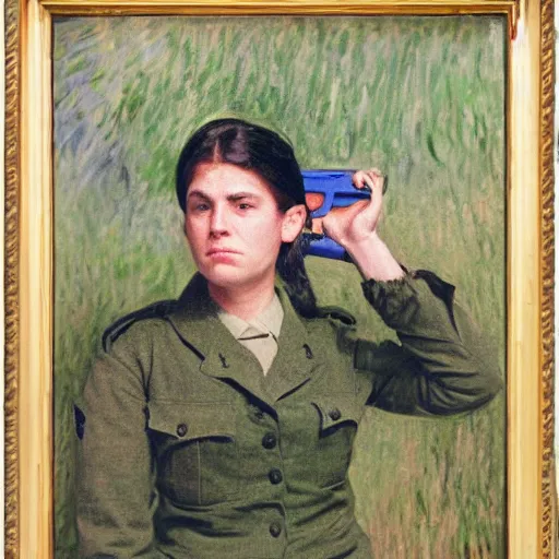 Prompt: a female soldier holding a a staple gun to her own head and looking depressed by monet