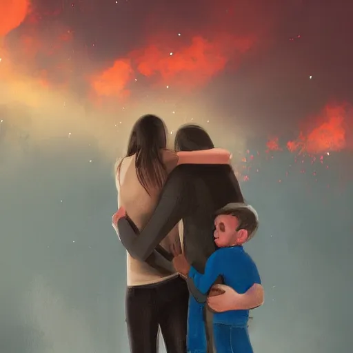 Image similar to a family hugging each other for the last time as the world is ending, meteors are falling from the sky, everything is on fire, dramatic lighting, digital art, very very very very very very beautiful, 8 k, dark lighting, trending on artstation, award winning