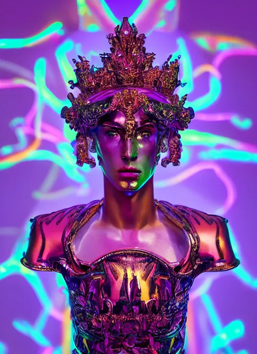 Prompt: photo of baroque and bladerunner delicate neon emerald sculpture of seductive king adrien sahores tigers orange iridescent humanoid deity wearing metallic jungle leaves holding the sun prismatic dungeon, glowing rainbow face, crown of white diamonds, cinematic lighting, photorealistic, octane render 8 k depth of field 3 d