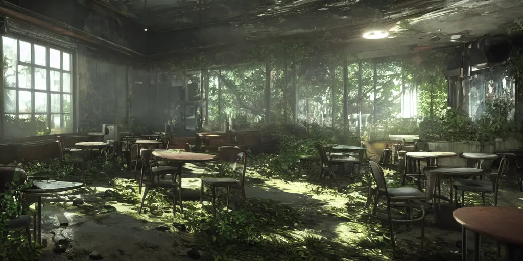 Image similar to interior, abandoned diner, photorealistic, vegetation, overgrowth, cinematic lighting, global illumination, unreal engine 5, screenshot from the last of us part 2