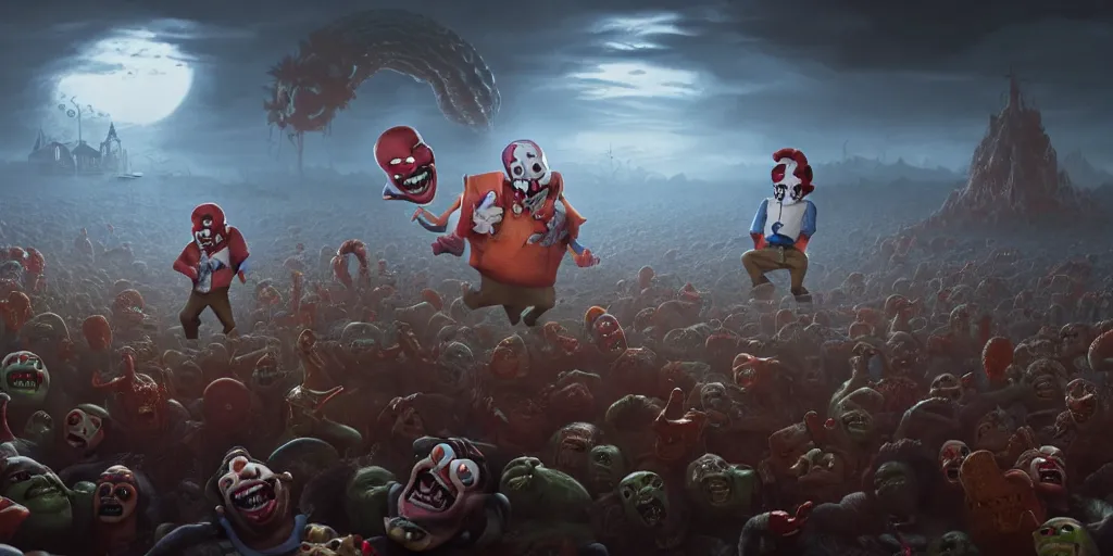 Image similar to samuel jacksons face on spongebobs body battling a horde of clown faced aliens, digital art, landscape, fantasy art, octane render, unreal engine, high detail, very realistic, by greg rutkowski. by james gurney