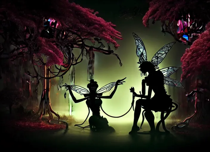 Image similar to silhouette of an intricate mechanical fairy with visible gears having tea with a cyborg winged horned demon medusa in a magical forest. Very detailed 8k. Fantasy cyberpunk horror. Sharp. Cinematic post-processing