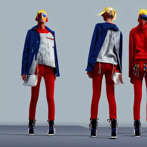 Image similar to isabel marant spring summer streetwear collection, fashion show, in the style of grand chamaco and pedro conti and stanley kubrick, inspired by die antwoord, photorealistic, epic, super technical, 3 d render