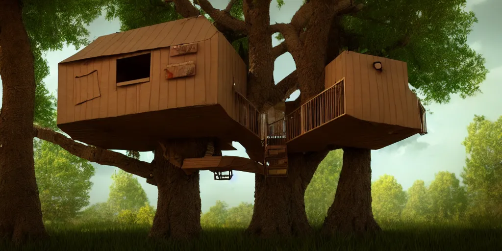 Prompt: a cardboard box treehouse, highly detailed, 8 k, hdr, award - winning, octane render, artstation, volumetric lighting