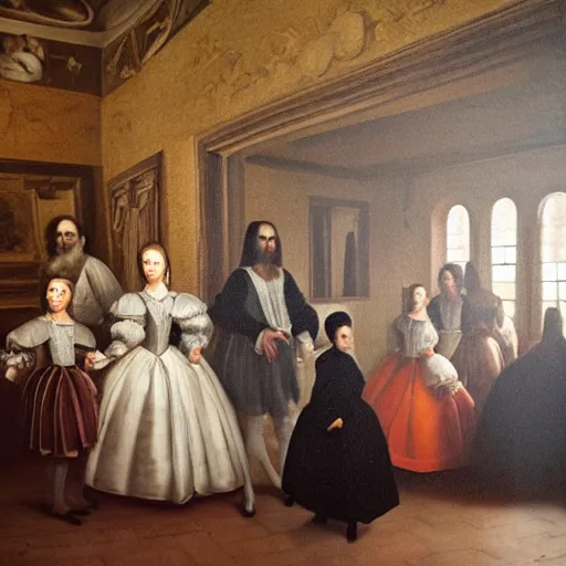 Image similar to super quality family portrait in the main room of the castle painted in 1 6 5 6, dark room, one point of light coming through the window inspired by las meninas, clear spaces between each subject and good detail and realistic eyes, faces for each person in the canva, inspired by diego velasquez baroque style