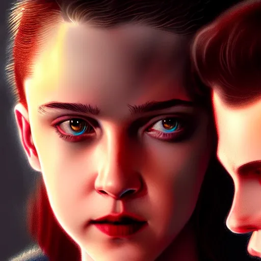 Prompt: Twilight version of Stranger Things, Portrait of Edward and Bella, diffuse lighting, fantasy, intricate, elegant, highly detailed, lifelike, photorealistic, digital painting, artstation, illustration, concept art, smooth, sharp focus, art by Krenz Cushart