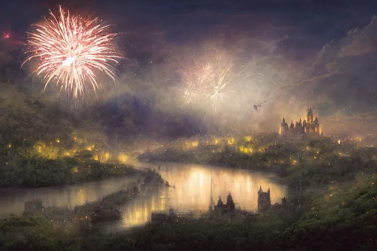 Prompt: wide angle view, a beautiful digital painting of a vast river valley of fairy homes and castles with fireworks in the sky, twilight, fireflies, river, butterflies, epic, rule of thirds, reflections, by greg rutkowski, gerald brom, jean - baptiste monge, and brian froud, symmetry, complementary colors, ink illustration