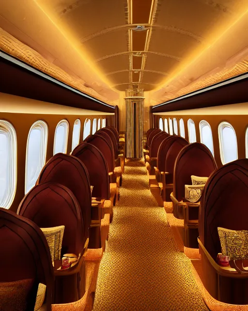 Prompt: photo interior design of a boeing 7 4 7 designed like the orient express. hyper realism, high detail, octane render, high contrast, 8 k